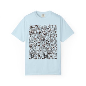 Folk Art Woodland Woodcut Animals T-shirt, Comfort Colors Shirt, Monochrome Linocut Forest animal tee, Scandi cottagecore tshirt, naturecore Chambray
