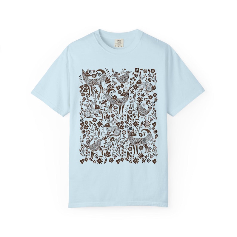 Folk Art Woodland Woodcut Animals T-shirt, Comfort Colors Shirt, Monochrome Linocut Forest animal tee, Scandi cottagecore tshirt, naturecore Chambray