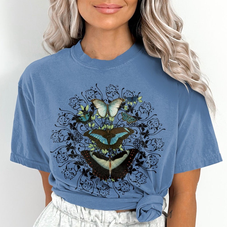 Butterfly shirt, naturecore shirt, boho butterfly shirt, mandala shirt, Comfort Colors shirt, nature lover tshirt, Mom gift, gift for her Blue Jean