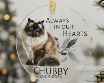 May include: A round glass ornament with a watercolor illustration of a brown and white cat. The ornament has the text "Always in our Hearts" and "Chubby 2009-2024".