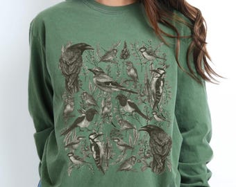 Langärmliges T-Shirt mit Vogelmotiv in angenehmen Farben, Boho-Vogel-Shirt, einfarbiges Vogel-Shirt, Geschenk für Mama, Geschenk für Vogelbeobachter, Natur-Shirt, Vogelbeobachtung