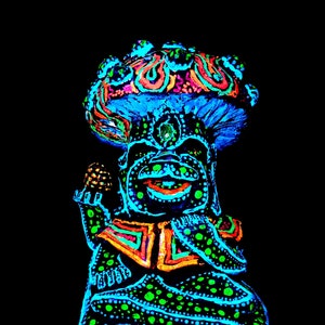 Puede incluir: Una figurita colorida pintada a mano que representa a una persona con una cabeza grande y estampada y un cuerpo azul brillante. La figurita está decorada con puntos y remolinos en varios colores, incluyendo verde, naranja y rosa.