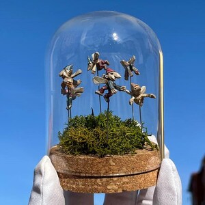 Puede incluir: Una cúpula de vidrio con una base de corcho contiene una escena en miniatura de cinco figuras de madera con detalles pintados. Las figuras están vestidas con ropa colorida y parecen estar bailando o volando. La base está cubierta de musgo verde.