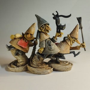 Three Witches Sculpture with one black cat and two brooms