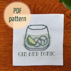 Motif de point de croix Gin and tonic - Point de croix alcool - Signe de boisson - Ancienne mode - Décor de bar - Point de croix facile - Téléchargement numérique
