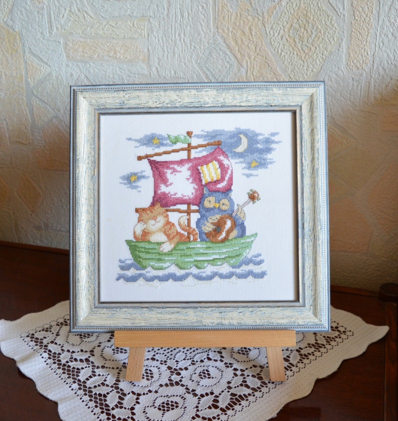 Nursery Illustration Completed cross stitch Framed nursery art The Owl and the Pussycat Nursery decor Kids decorations