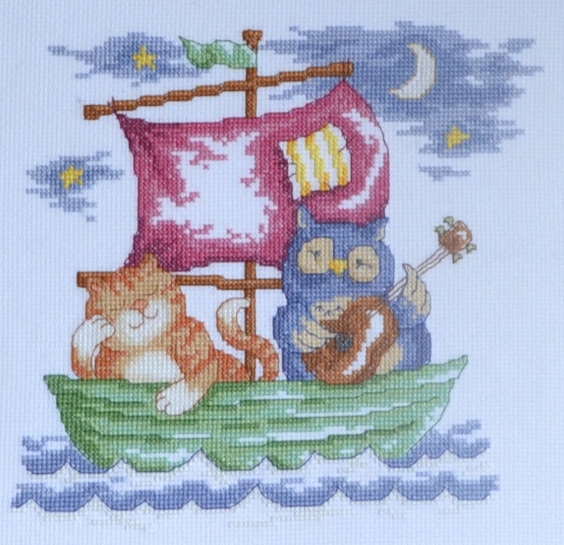 Nursery Illustration Completed cross stitch Framed nursery art The Owl and the Pussycat Nursery decor Kids decorations