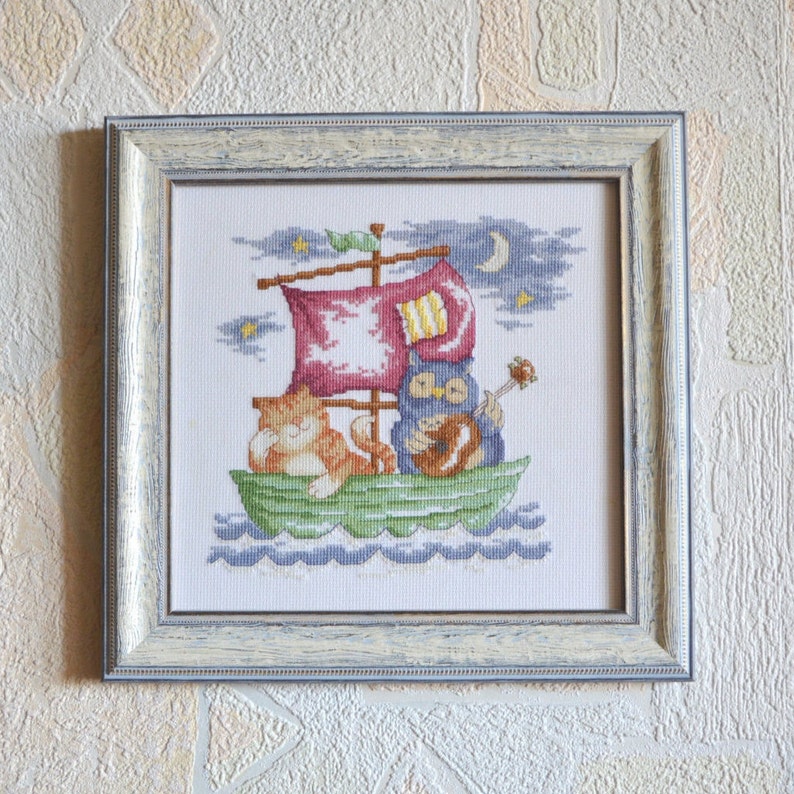Nursery Illustration Completed cross stitch Framed nursery art The Owl and the Pussycat Nursery decor Kids decorations