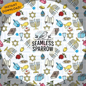 Pode incluir: Um padrão repetitivo de símbolos de feriados judaicos, incluindo menorás, dreidels, estrelas de David e rolos da Torá. O design apresenta uma variedade de cores sobre um fundo branco. As palavras "INSTANT DOWNLOAD!" e "SEAMLESS SPARROW" também são visíveis.
