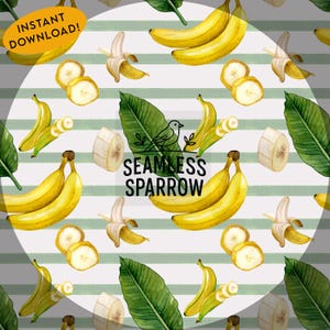 Watercolor Banana Seamless Pattern | Tropical Fruit Digital Paper | Banana Leaf & Slice Clipart | Yellow Fruit Background PNG