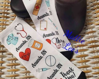 Rn, Lpn, Cna Medical Theme Custom Adult Dress Ankle Socks with Name. Nurse, RN, LPN, CNA, Student. School.