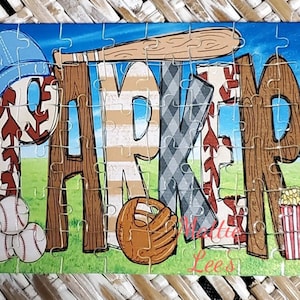 Baseball Name Puzzle - Custom Puzzle - Personalized Puzzle. Baseball Theme. 48 or 120  Pieces. Parker Style Backdrop. Easter Basket.