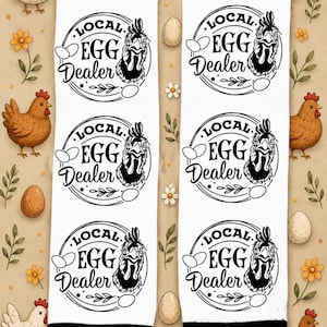 May include: White socks with black heels and toes, featuring a circular design with the text "LOCAL EGG DEALER" and a cartoon chicken. The background includes illustrations of chickens, eggs, and floral elements.