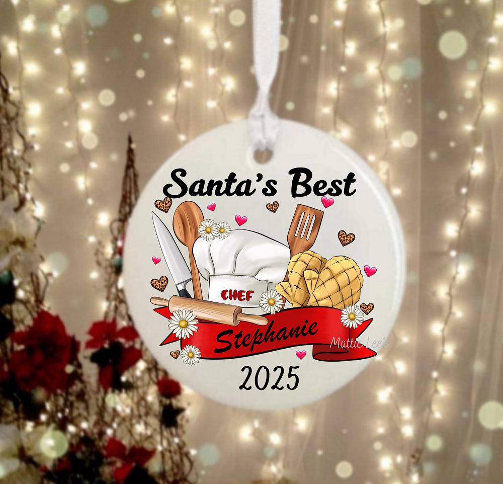 Santa's Best Chef. Sublimation Ceramic Type Christmas Ornament. Comes with Free Gift Box for Easy Gift Wrapping