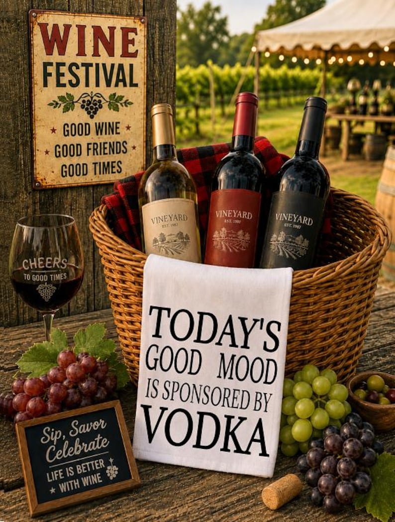 May include: A rustic scene with a wine theme. A wicker basket holds three wine bottles, a red and black plaid cloth, and a white towel with the text "TODAY'S GOOD MOOD IS SPONSORED BY VODKA." A wine glass, grapes, and a sign that reads "Wine Festival" are also present.