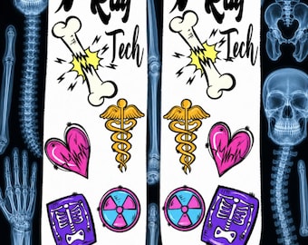 May include: White socks with black cuffs featuring medical-themed graphics. The design includes a broken bone, a caduceus, a pink heart, a radiation symbol, and an X-ray image, with the text "X-Ray Tech".