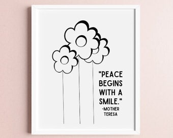 Mother Teresa Peace Begins With A Smile B&W Print, Mother Teresa Quote, Christian Quote Art, Catholic Art Prints, St. Teresa Calcutta