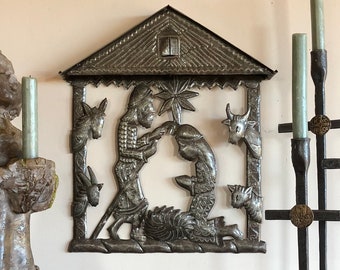 Handmade Ethnic Nativity,Stable in Bethlehem Creche Scene Recycled Metal Art from Haiti, 14"x17" Haitian Metal Artwork