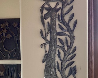 Giraffe, Wall Hanging Tropical Wall Art, Tall Jungle Sculpture, Handmade in Haiti from Recycled Steel Barrels 6.5" x 32"