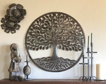 Large Organic Tree of Life  Wall Hanging Art, Farm House Rustic Haitian Metal, Steel, Garden Artwork, Recycled iron Barrel 33.5"