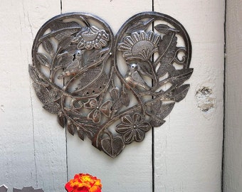 Organic Heart with Flowers and Birds, Handmade in Haiti Recycled Steel Barrels, Friendship Love Wall Decorations, Indoor Outdoor 11" x 10"