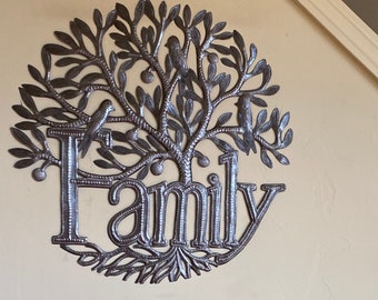 Family Word Sign with a Tree of Life, Metal Wall Hanging Artwork, Haitian Steel Drum Art, Inspirational Gift, Unique 17.5 x 17.5 Inches