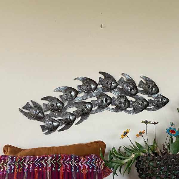 Beach Metal Wall Art, School of Fish, Swimming, Nautical Decorations for your Home, Handmade in Haiti, 7 x 24 Inches