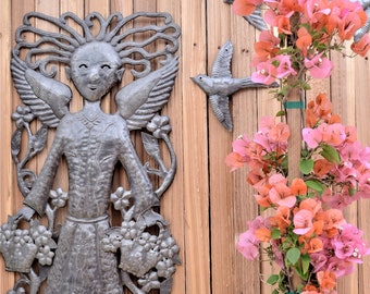 Garden Angel,Baskets of Flowers, Large Metal Angel, Fair Trade, Recycled Metal Wall Art, Steel wall Sculpture, 17" x 34"