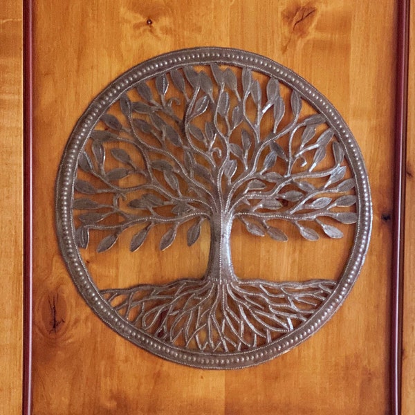 Small Organic Tree of Life Wall Art Plaque, 11 Inches, Family Hanging Decor, Indoor Outdoor, Handmade Sculpture from Steel Drum Art, Haitian