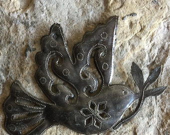 Haitian Metal Art Dove, Hand Cut Metal Art, Engraved Inspiration Wall Decor, Flying Bird with Olive Branch  5.5" x 8"