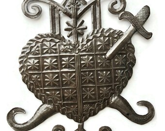 Voodoo Veve - Handmade Wall Hanging Artwork from Haiti, Sword and Heart, Authentic Upcycled Art, 11.5 X 16 Inches