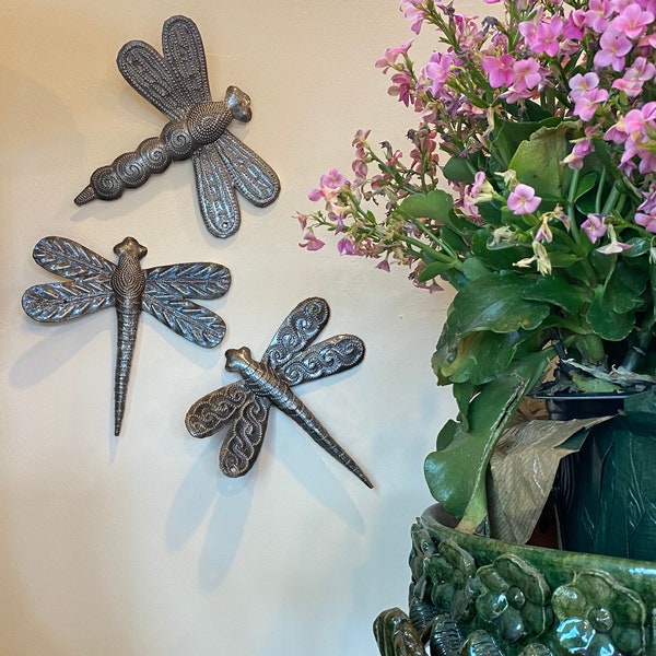 Set of 3 Small Garden Dragonflies 6 Inches, Decorative Wall Hanging Art, Indoor Outdoor, Fall Decorations, Handmade in Haiti