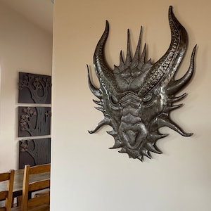 Flaming Dragon Head, Metal Mythical Dragons, Hand Pounded Sculpture, Haitian Wall Hanging Art, Steel Drum Artwork 19 X 22 Inches