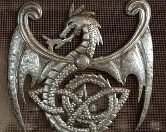 Metal Dragon with Celtic Knots, Artistic Haitian Metal Wall Artwork 14" x 17"