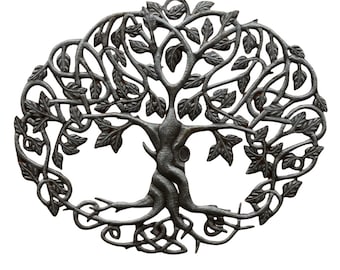 Celtic Trinity Knot Inspired Tree of Life, Decorative Metal Wall Hangings, Interior Exterior Sculptures,  17 x 23 Inches Oval, Steel Drum