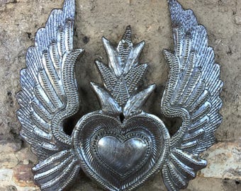 Flaming Heart, Love, Soulmate, Sacred, Take your Worry Away, Unique Original Gift, Handmade in Haiti, Steel Drum Art, Haitian  5" x 5"