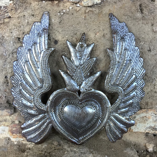 Flaming Heart, Love, Soulmate, Sacred, Take your Worry Away, Unique Original Gift, Handmade in Haiti, Steel Drum Art, Haitian  5" x 5"