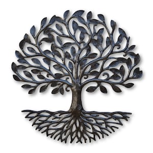 Placa pequeña del árbol de la vida, 17 pulgadas, decoración inspiradora familiar, obras de arte de metal, árboles de acento redondos, arte de pared, hecho a mano en Haití