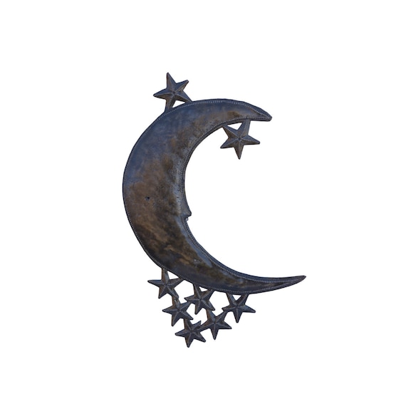Handcrafted Haitian Metal Art, Quiet Moon with Stars in the Sky, Celestial Home Decor
