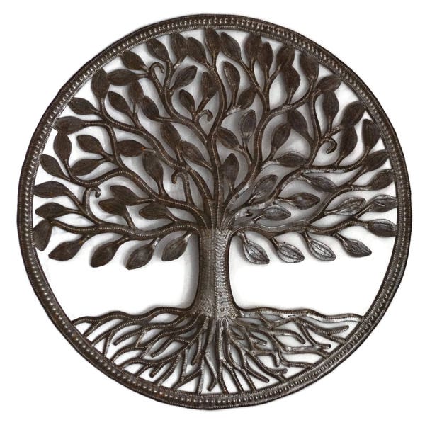 Árbol de la vida, regalo de boda único, decoración colgante de metal de arte de pared orgánico, 23" interior al aire libre, hecho a mano de material reciclado