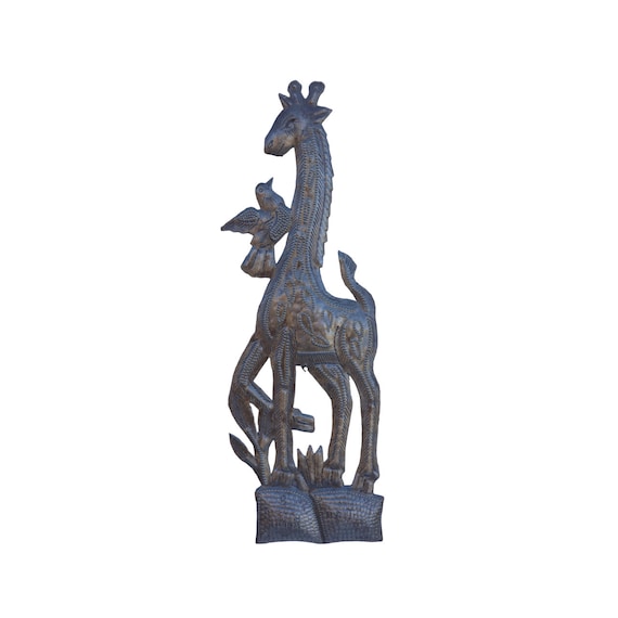 Handmade Haitian Metal Art, Little Giraffe with Bird, Nursery Room Decor, Safari