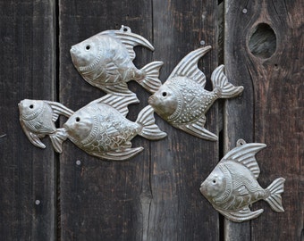 Handmade Haitian Metal Art Fish Under Water 14" x 8" and 5" x 5"