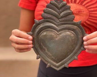 Rustic Flaming Milagro Heart, Charming Inspirational Wall Decor, Sacred, Handmade in Haiti from recycled oil drums 7"X 9"