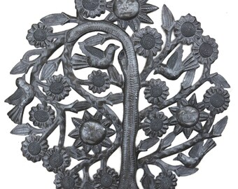 Sunshine Wall Hanging Tree of Life, Indoor Outdoor Display, Gift Ideas, Mounted Plaque, Recycled Metal Art, 15" X 15" Haitian Artwork