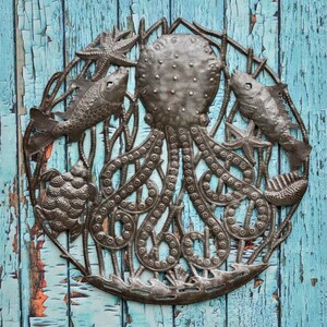 Large Metal Octopus, 23 Inch Round, Silver Bronze Tones, Decorative Sea Life Theme Wall Hanging Artwork, Handmade from Recycled Barrels