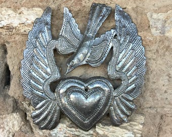 Metal Heart Wings, Worry Heart, Take Your Worry Away, Small Milagro Flaming Heart, Angel Wings, Mini Bird, Ornaments, Handmade 5" x 5.25"
