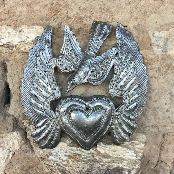 Metal Heart Wings, Worry Heart, Take Your Worry Away, Small Milagro Flaming Heart, Angel Wings, Mini Bird, Ornaments, Handmade 5" x 5.25"