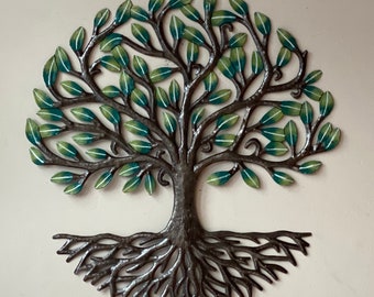 METAL TREE of LIFE - Authentic Upcycled Artwork from Haiti, Painted, Wall Hanging Sculpture for Indoor Outdoors, Decorative Haitian Art