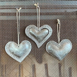 Sacred Hearts Set of 3, Silver Bronze Metal Heart Collection, Handmade in Haiti, Decorative Hanging Ornaments, Best Friend, 2.5 X 2.5 Inches