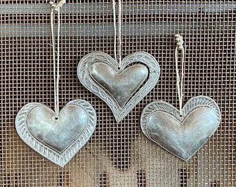 Sacred Hearts Set of 3, Silver Bronze Metal Heart Collection, Handmade in Haiti, Decorative Hanging Ornaments, Best Friend, 2.5 X 2.5 Inches